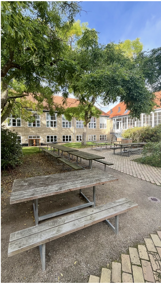 La cour intérieure du lycée de Virum, un cadre verdoyant propice au bien-être et aux échanges.